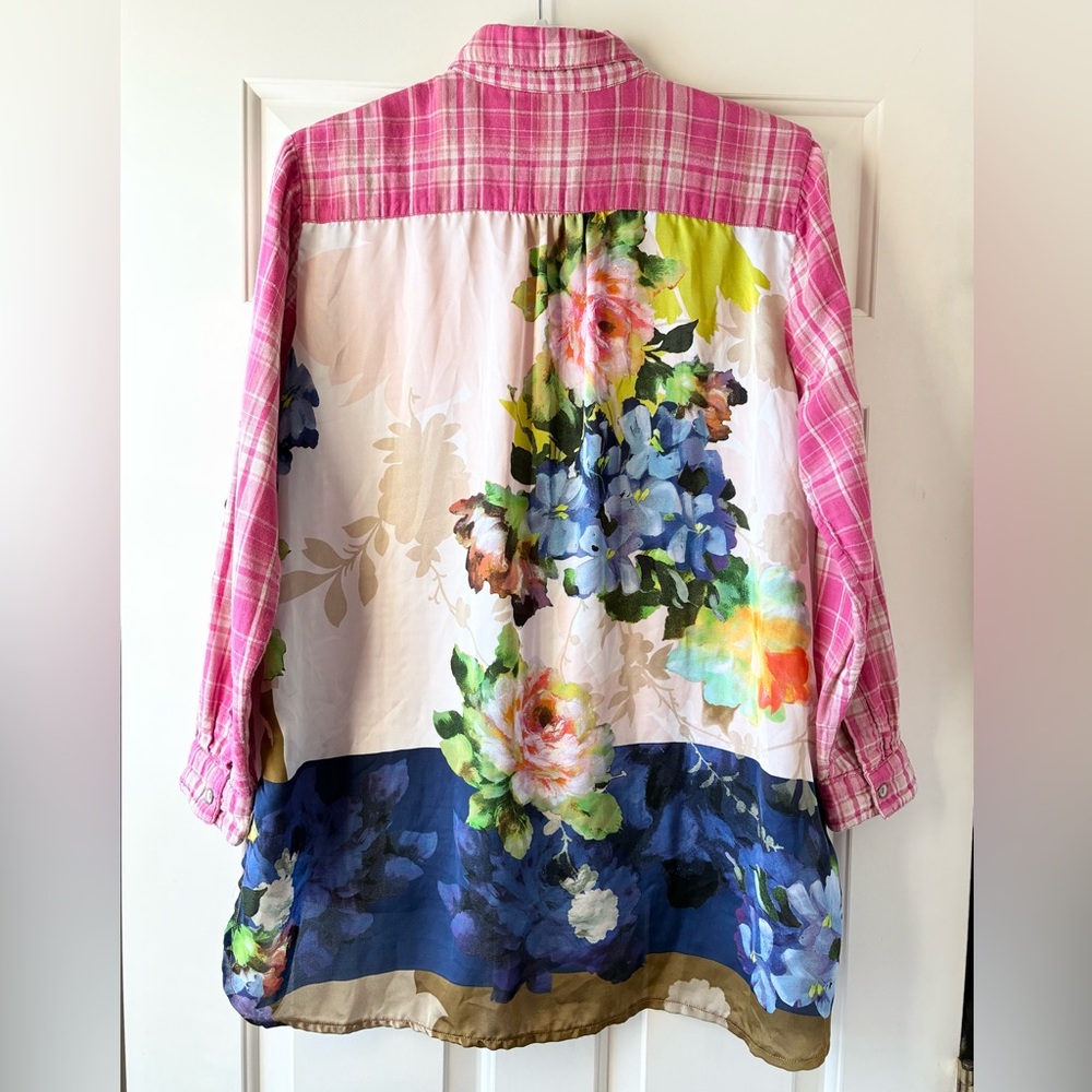 Soft Surroundings Flannel Shirt Floral Back Panel Long Sleeve Multicolor Size L